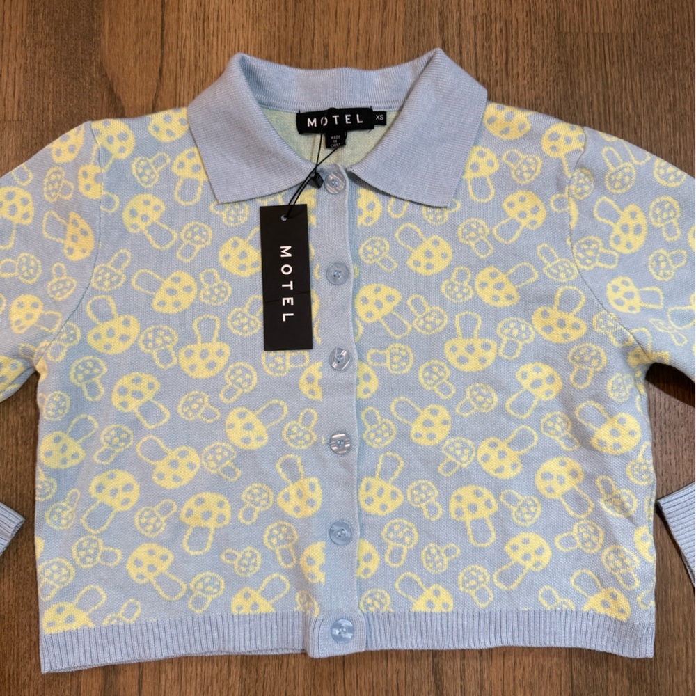NEW Motel Rocks Baby Shroom Cropped Cardigan-Baby Blue/Yellow-Size XS - Picture 2 of 8